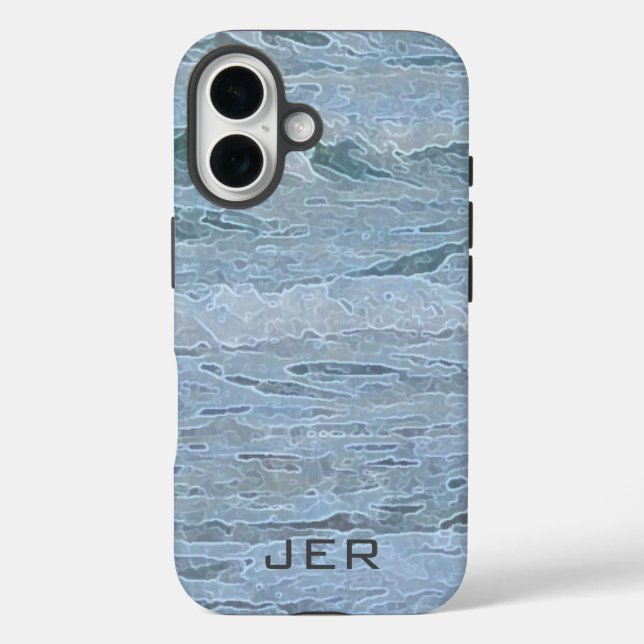 Funda iPhone 16 Arte de olas del océano azul verde con monograma (Reverso )