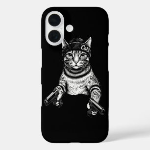 Funda iPhone 16 Arte de tatuaje de gato gánster Kitty de moda ca