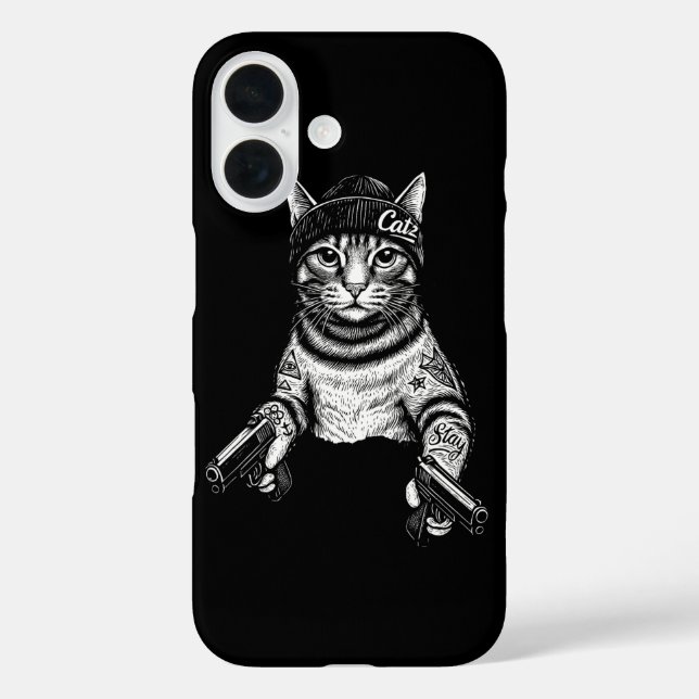 Funda iPhone 16 Arte de tatuaje de gato gánster | Kitty de moda ca (Reverso )