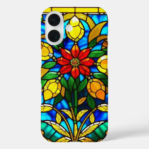 Funda iPhone 16 Arte de vidrio emplomado elegante Flor Roja