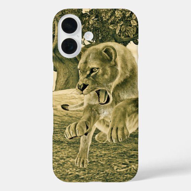 Funda iPhone 16 Arte dramático de safari de leona y vida silvestre (Reverso )