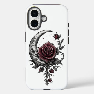 Funda iPhone 16 Arte floral oscuro de rosa gótica creciente luna