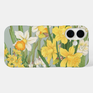 Funda iPhone 16 Arte Floral Vintage Narciso Japonés Verde Salvia