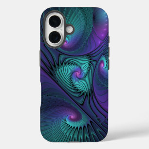 Funda iPhone 16 Arte fractal abstracto moderno de púrpura y turque