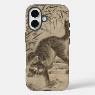 Funda iPhone 16 Arte japonés 'Gato atrapando una rana' de Kawanabe