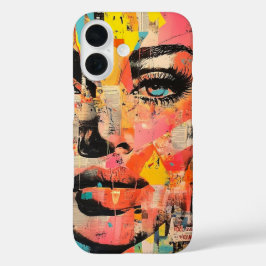 Funda iPhone 16 Arte pop retro frente a periódico