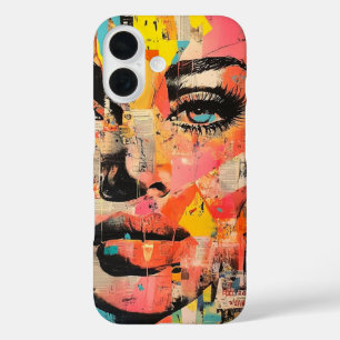 Funda iPhone 16 Arte pop retro frente a periódico