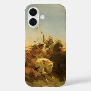Funda iPhone 16 Arte vintage del oeste americano, caza de búfalos 