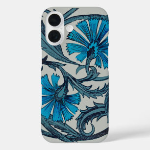 Funda iPhone 16 artesanía de flores antiguas de color azul vintage