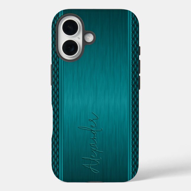 Funda iPhone 16 Aspecto de aluminio cepillado verde azulado metáli (Reverso )