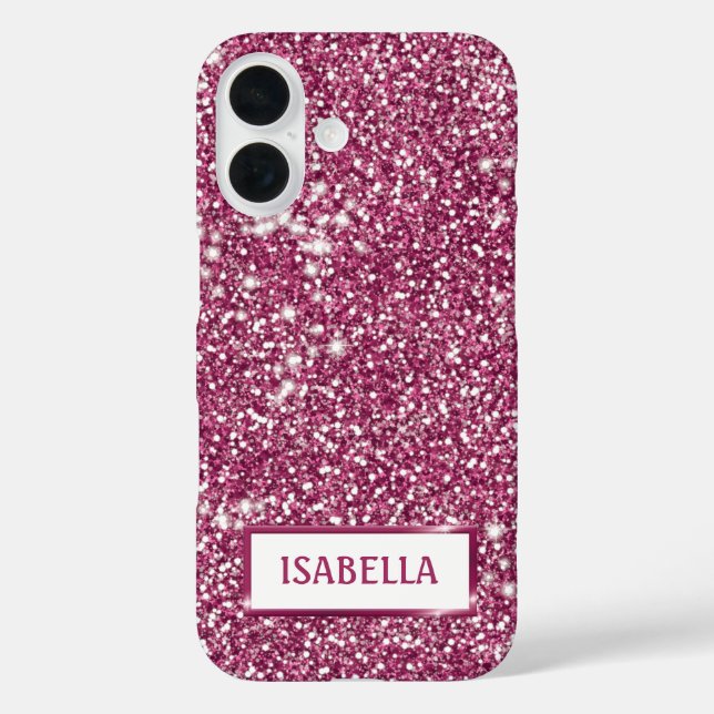Funda iPhone 16 Aspecto falso de textura Purpurina rosa con nombre (Reverso )