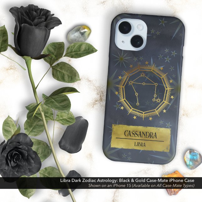 Funda iPhone 16 Astrología de Libra Dark Zodiac: Negro y Oro (Libra Dark Zodiac & Astrology Black & Gold Case-Mate iPhone Case Personalized with Your Name)