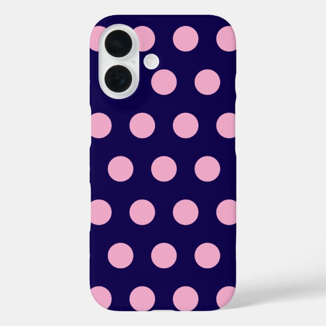 Funda iPhone 16 Audaces puntos rosados de polka en azul marino (Reverso )