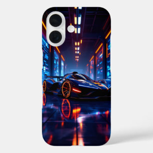 Funda iPhone 16 Auto de carreras futurista en garaje neón