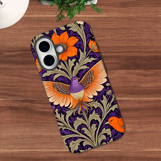 Funda iPhone 16 Aves Botánicas Vintage en Naranja y Púrpura 