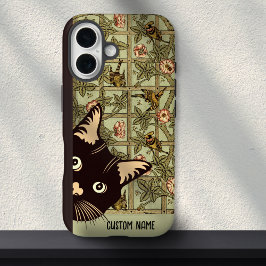 Funda iPhone 16 Aves de Art Nouveau Funny Curious Cat Floral