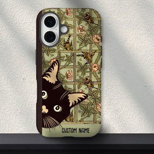 Funda iPhone 16 Aves de Art Nouveau Funny Curious Cat Floral