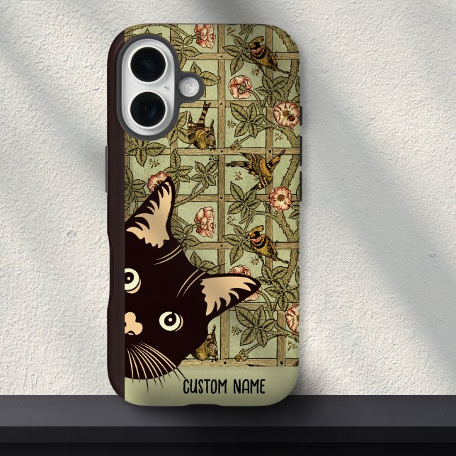 Funda iPhone 16 Aves de Art Nouveau Funny Curious Cat Floral (Subido por el creador)