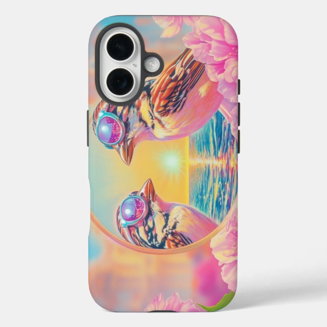 Funda iPhone 16 Aves Guay con gafas de sol al atardecer (Reverso )