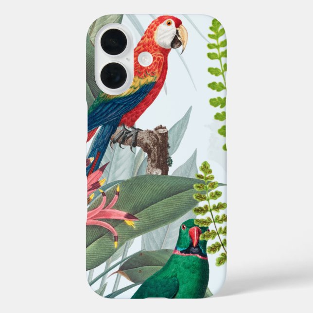 Funda iPhone 16 Aves tropicales loros y follaje (Reverso )