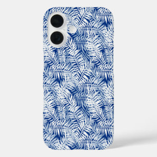 Funda iPhone 16 Azul con patrón tropical blanco