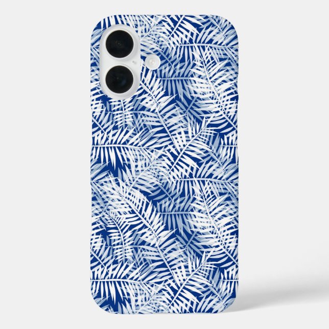 Funda iPhone 16 Azul con patrón tropical blanco (Reverso )