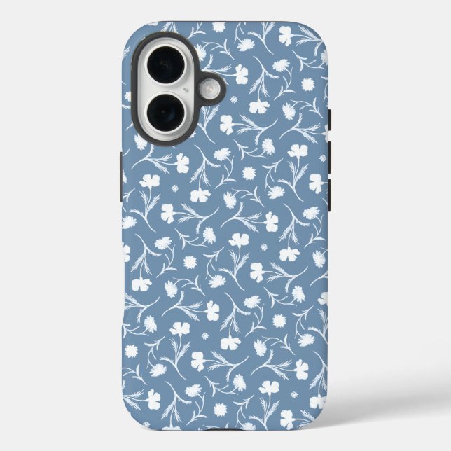 Funda iPhone 16 Azul Gris Blanco Libertad Patrón Floral Elegante P (Reverso )