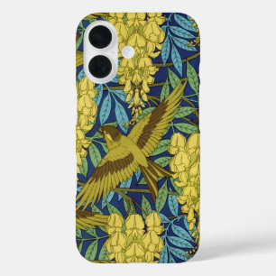 Funda iPhone 16 Azul Marino Antiguo Pájaro y Patrón Floral Amarill