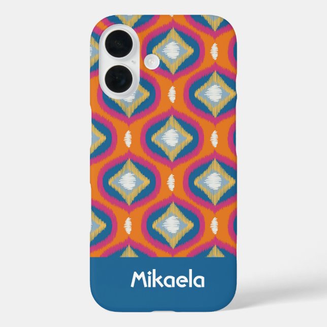 Funda iPhone 16 Azul Naranja Ogee de la serie Ikat personalizada (Reverso )