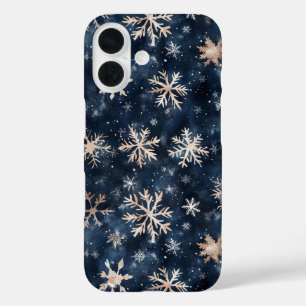 Funda iPhone 16 Azul oscuro simple con copos de nieve