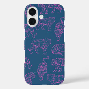 Funda iPhone 16 Azul profundo con tigres rosados
