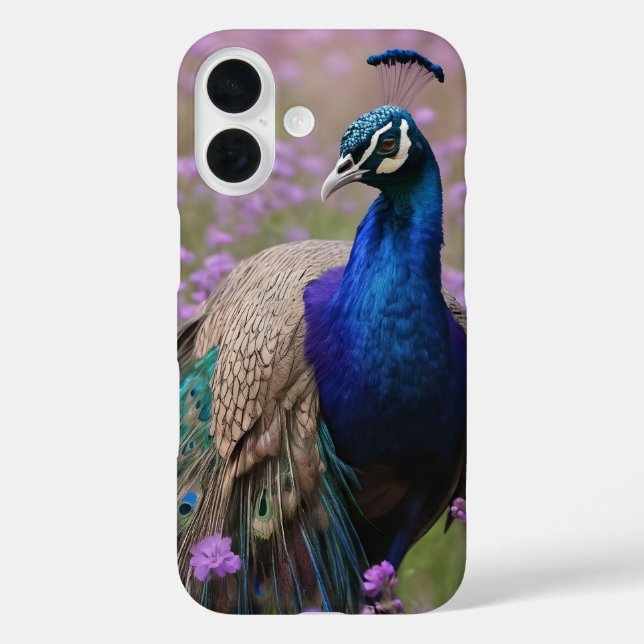 Funda iPhone 16 Azul Real: Pavo Real Azul En Campo De Lavanda, (Reverso )