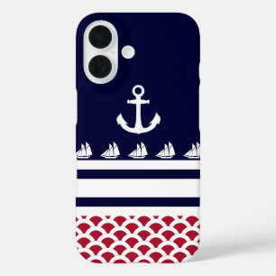 Funda iPhone 16 Azul   Rojo   Tiras náuticas blancas y ancla