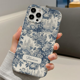 Funda iPhone 16 Azul Vintage Toile Floral Monograma Francés