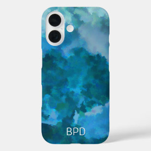 Funda iPhone 16 Azul y Verde Acuarela moderna Monograma personaliz