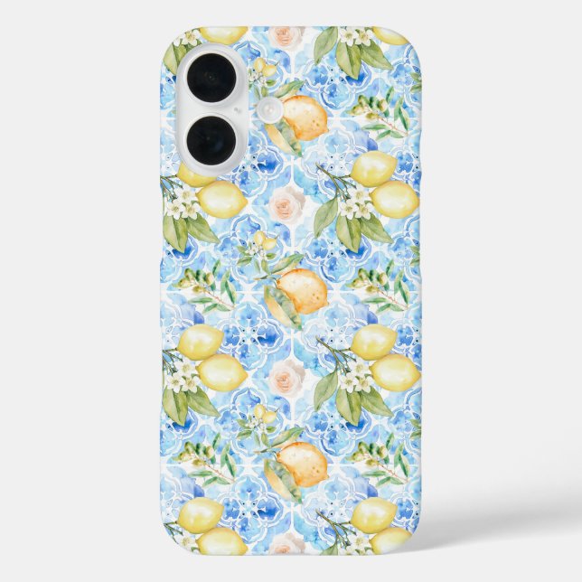 Funda iPhone 16 Azulejo Azul Italiano Limón Amarillo Acuarela (Reverso )