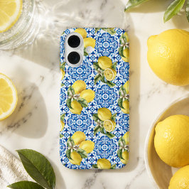 Funda iPhone 16 Azulejo de limón blanco azul patrón mediterráneo