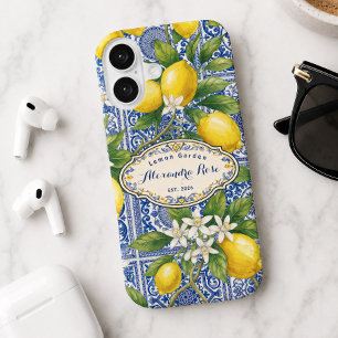 Funda iPhone 16 Azulejo de País Francés Azul Limón con Nombre de M