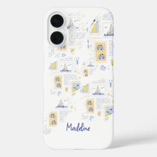 Funda iPhone 16 Azulejo Mediterráneo Limón Monograma Nombre Coster