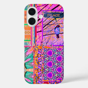 Funda iPhone 16 Azulejos azulejos geométricos con pájaro de la paz