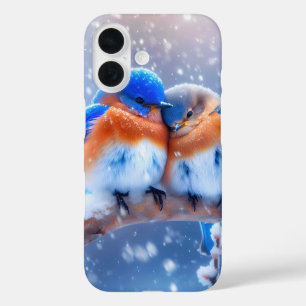 Funda iPhone 16 Azulejos del este acullándose en una rama nevada
