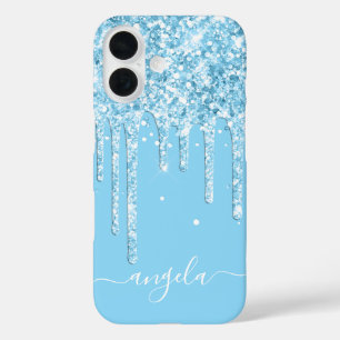 Funda iPhone 16 Baby Blue Glitter Drips Glam Firma