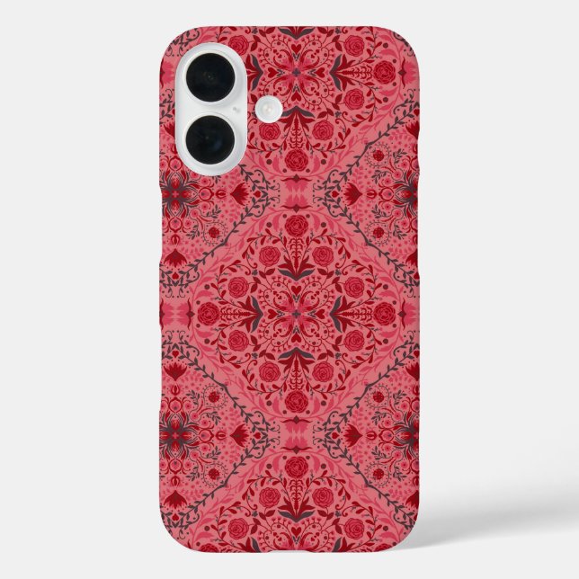 Funda iPhone 16 Baldosas florales en rojo y rosa de la sandía (Reverso )