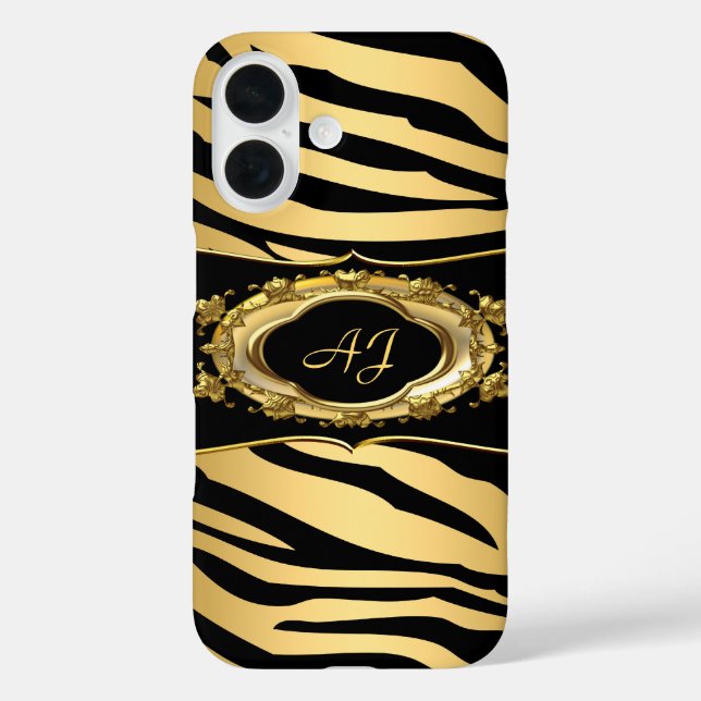 Funda iPhone 16 Banda de cebra monogramada Oro Ornato negro (Reverso )