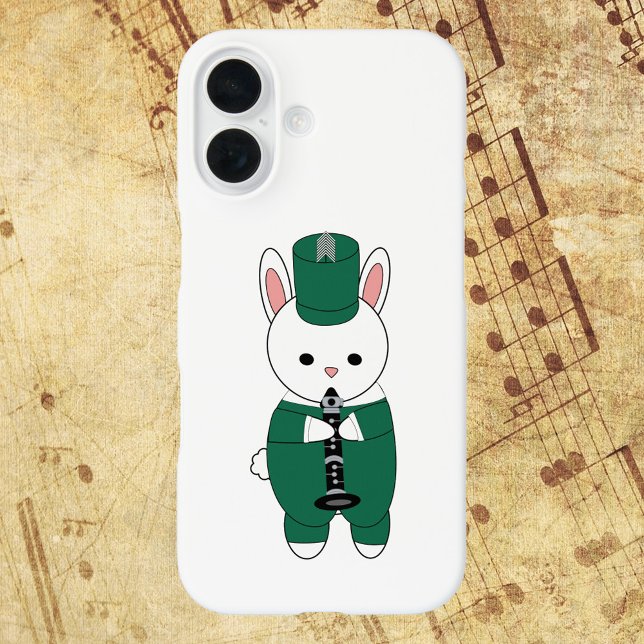 Funda iPhone 16 Banda de marcha de conejo Clarinet Blanco verde (A phone case with a clarinet playing bunny rabbit in a green and white marching band uniform.)