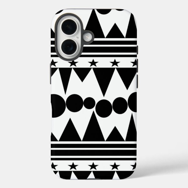 Funda iPhone 16 Banda geométrica bohemia negra y blanca (Reverso )