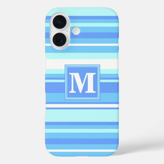 Funda iPhone 16 Bandas azules del cielo monogramo (Reverso )
