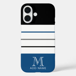 Funda iPhone 16 Bandas azules negras modernas con nombre de monogr