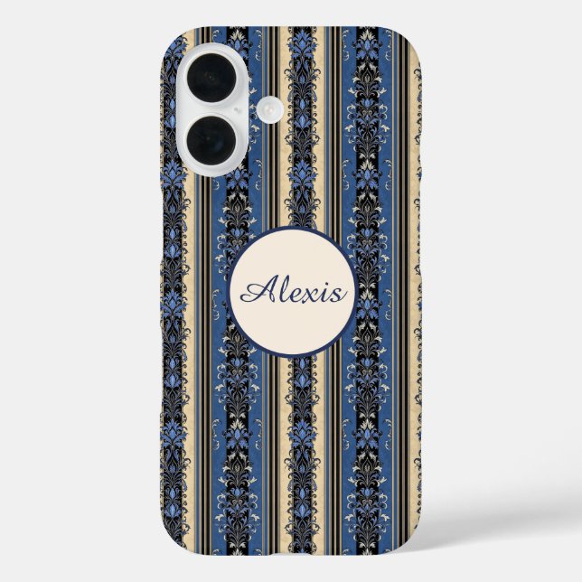 Funda iPhone 16 Bandas de Damasco azules y doradas (Reverso )