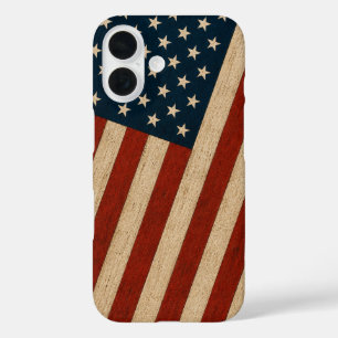 Funda iPhone 16 Bandera Americana Vintage Rústica Textura de Mader